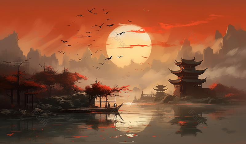 晚霞日落橙色古建筑飞鸟山水插画,插画/手绘图,插画/手绘图库,插画/手绘图下载,插画/手绘